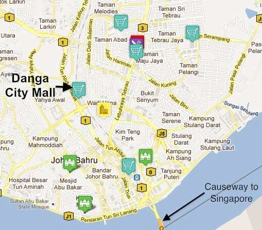 Map of downtown Johor Bahru, showing Danga City Mall